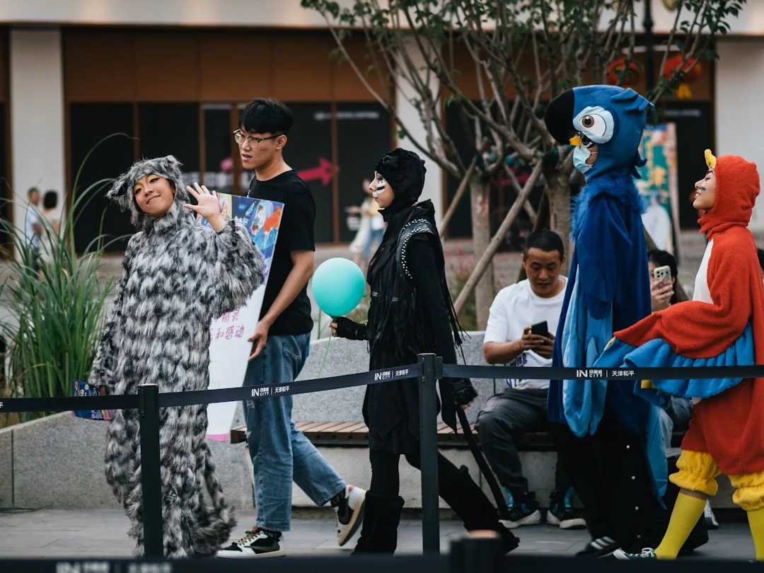 Family members wearing colorful costumes during a music watch party